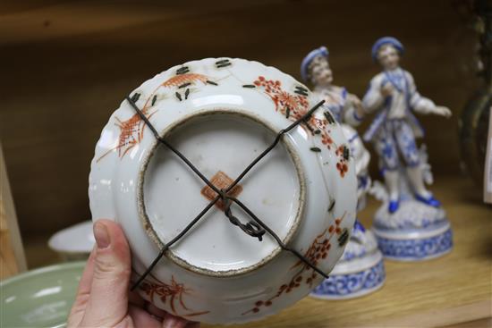 A Chinese celadon glazed brushwasher and five Tongzhi period porcelain dishes